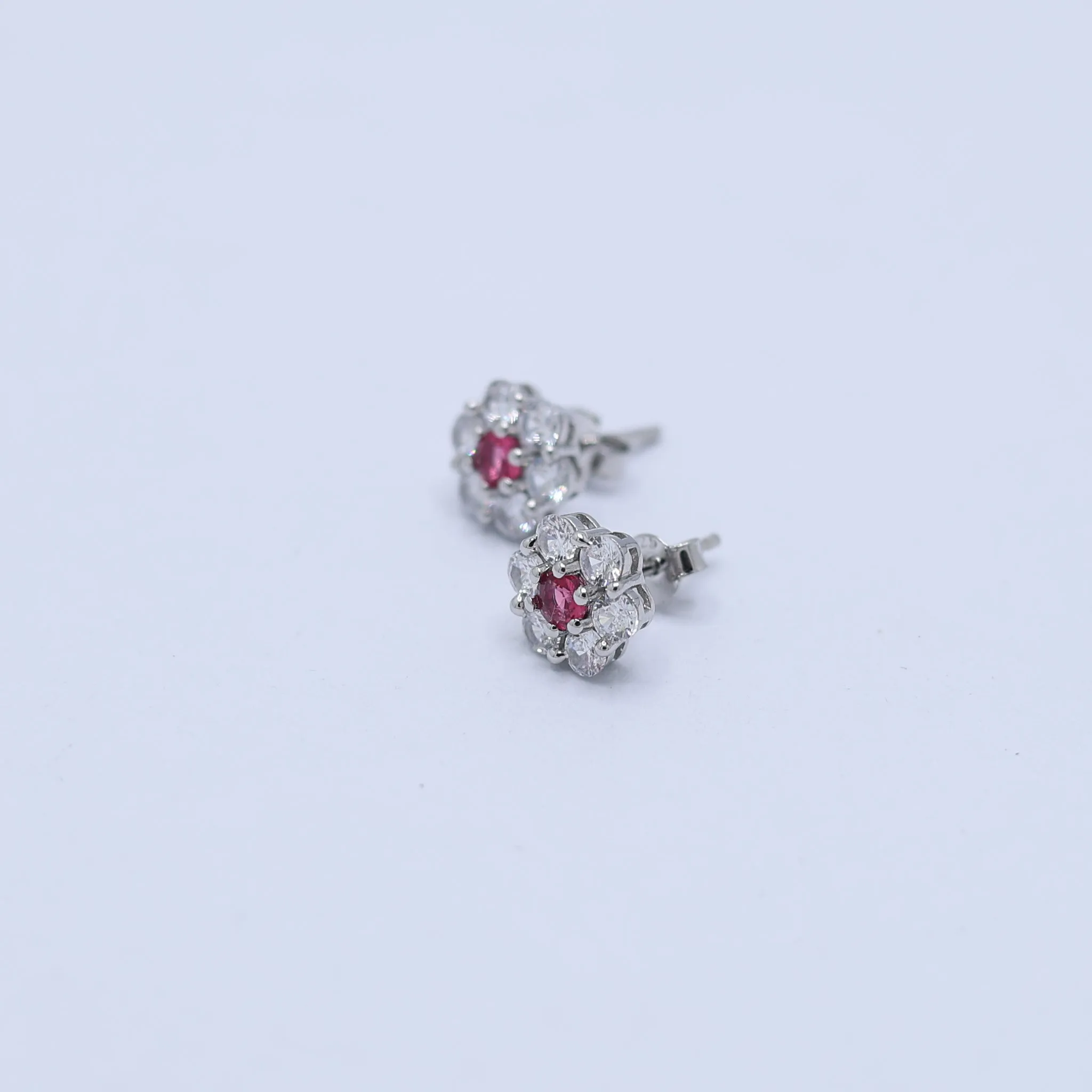 Silver White Gold Radiant Floral Centerpiece Ruby Earring For Women