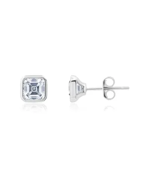 Solitaire Bezel Set Asscher Stud Earrings Finished In Pure Platinum