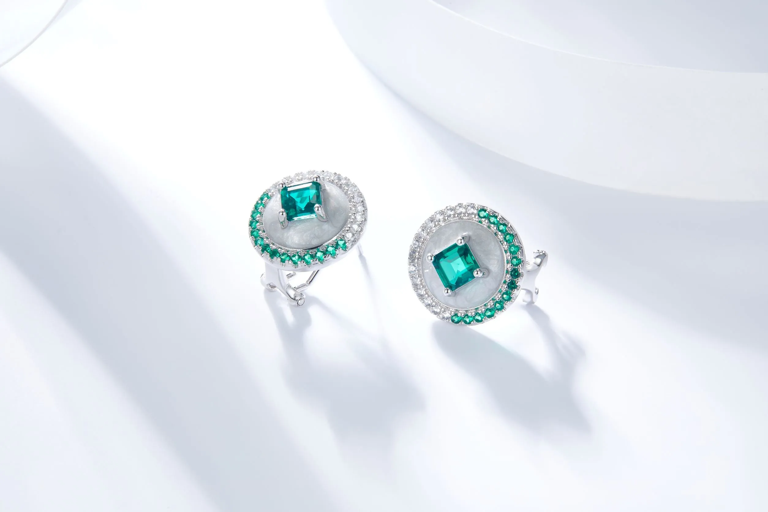 Square Green Topaz Enamel Circle Stud Earrings