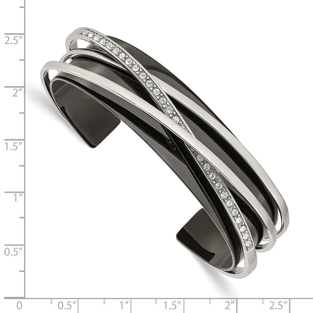 Stainless Steel Polished Black IP-plated w/Swarovski Layered Cuff Bangle