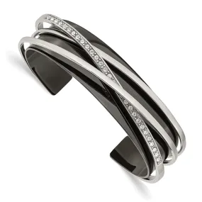 Stainless Steel Polished Black IP-plated w/Swarovski Layered Cuff Bangle