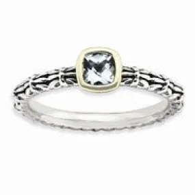 Sterling Silver & 14k Checker-cut Aquamarine Antiqued, Size 6