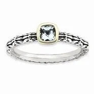 Sterling Silver & 14k Checker-cut Aquamarine Antiqued, Size 7