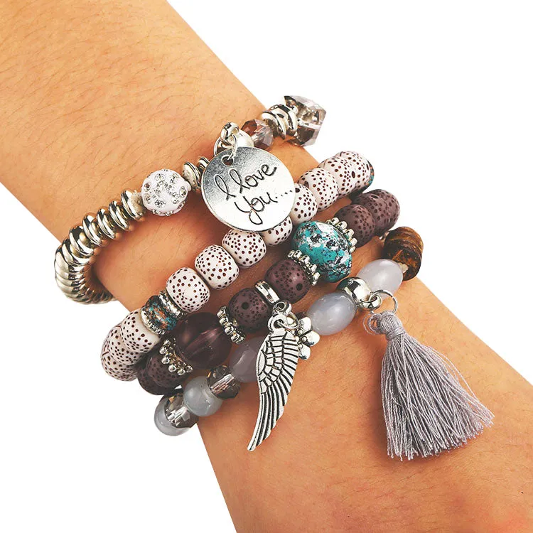 Tassel Love Bracelet Set, 4pc, Beige