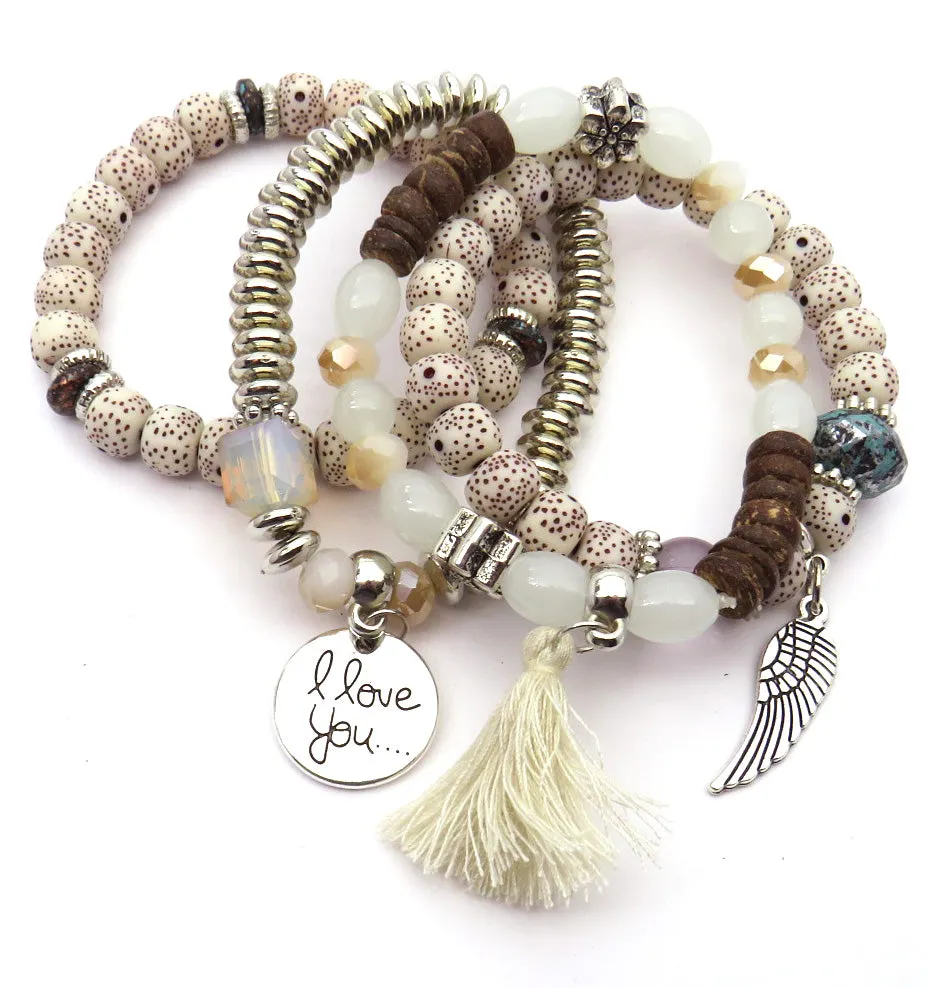 Tassel Love Bracelet Set, 4pc, Beige