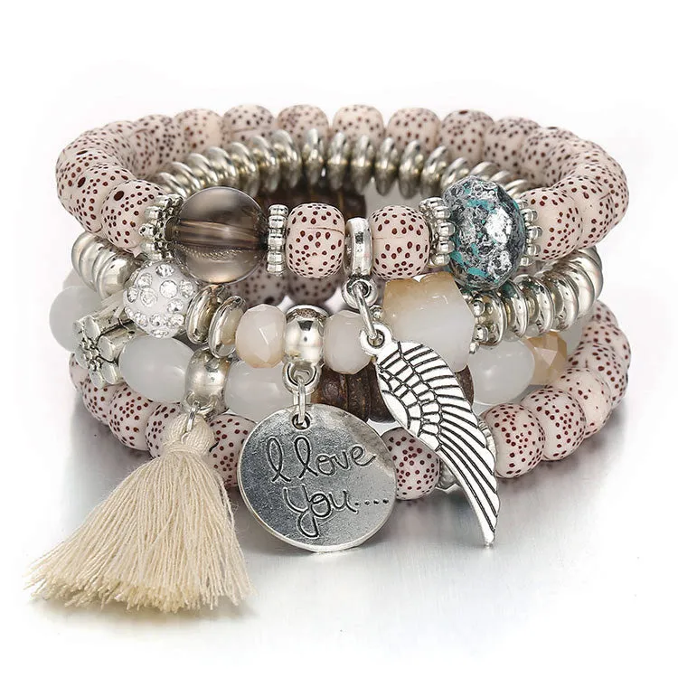 Tassel Love Bracelet Set, 4pc, Beige