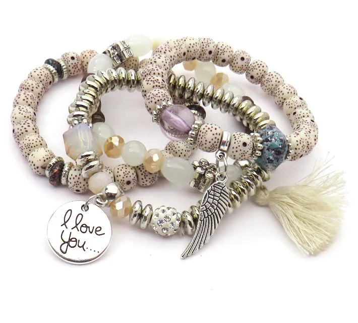Tassel Love Bracelet Set, 4pc, Beige