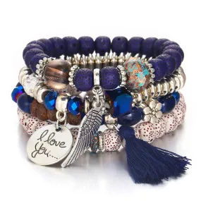 Tassel Love Bracelet Set, 4pc, Blue