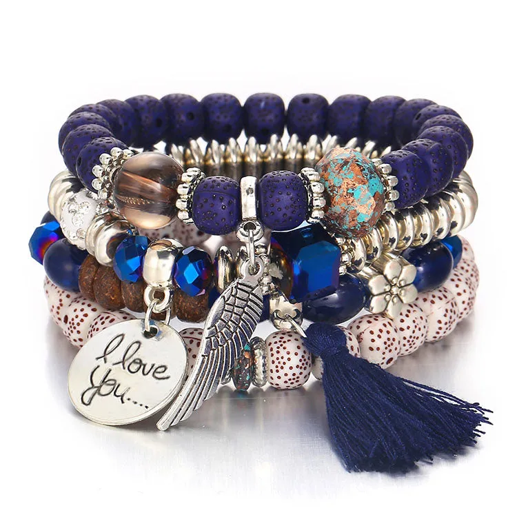 Tassel Love Bracelet Set, 4pc, Blue