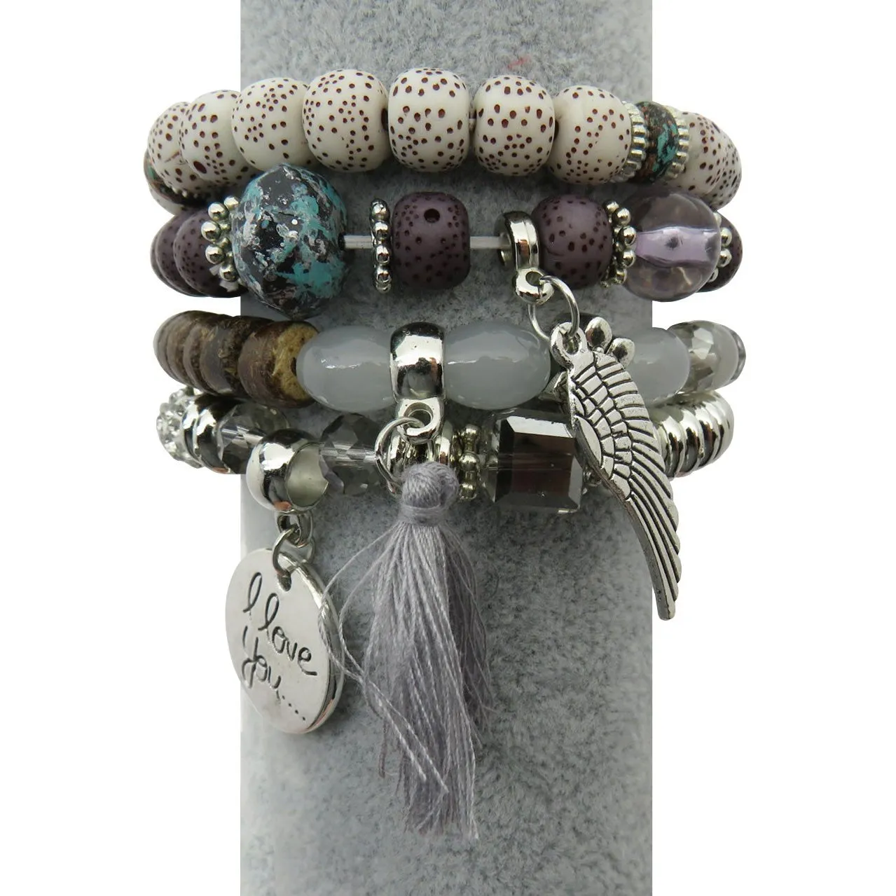 Tassel Love Bracelet Set, 4pc, Grey