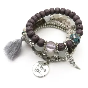 Tassel Love Bracelet Set, 4pc, Grey