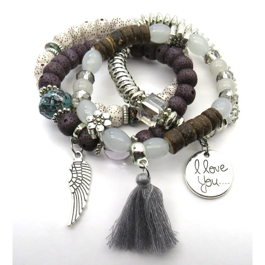 Tassel Love Bracelet Set, 4pc, Grey