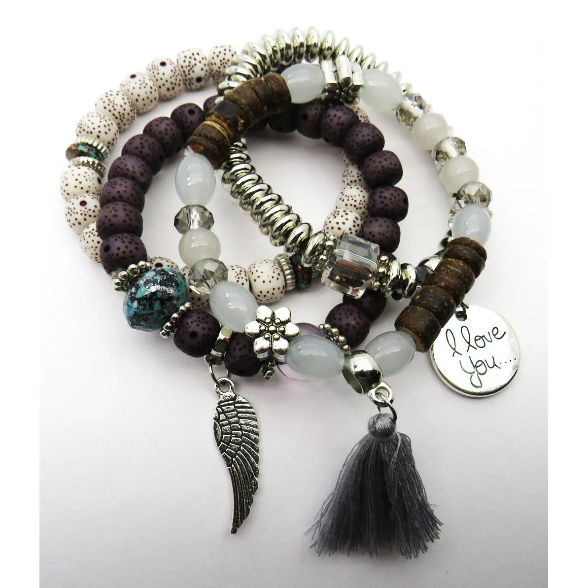 Tassel Love Bracelet Set, 4pc, Grey
