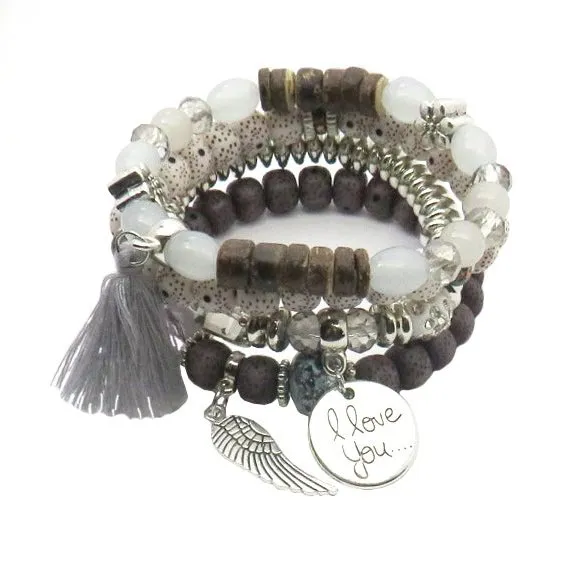 Tassel Love Bracelet Set, 4pc, Grey
