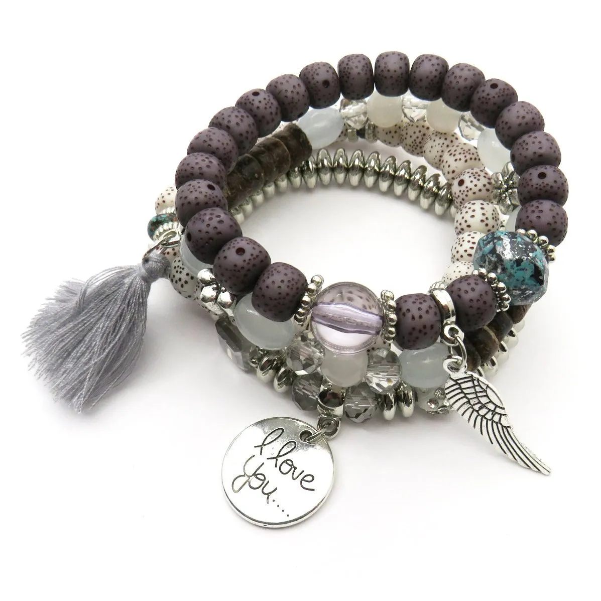 Tassel Love Bracelet Set, 4pc, Grey