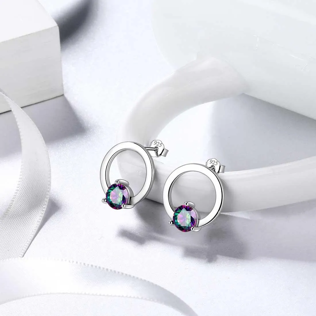 Tokyo Mart Mystic Topaz Stud Earrings Women Jewelry Sterling Silver Hollow Round