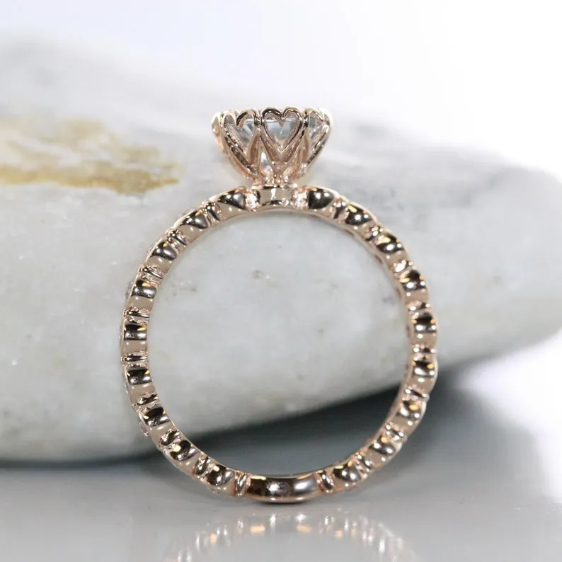 Unique Heart Setting Aquamarine and Dimamond Gold Enagement Ring in 14K Rose Gold