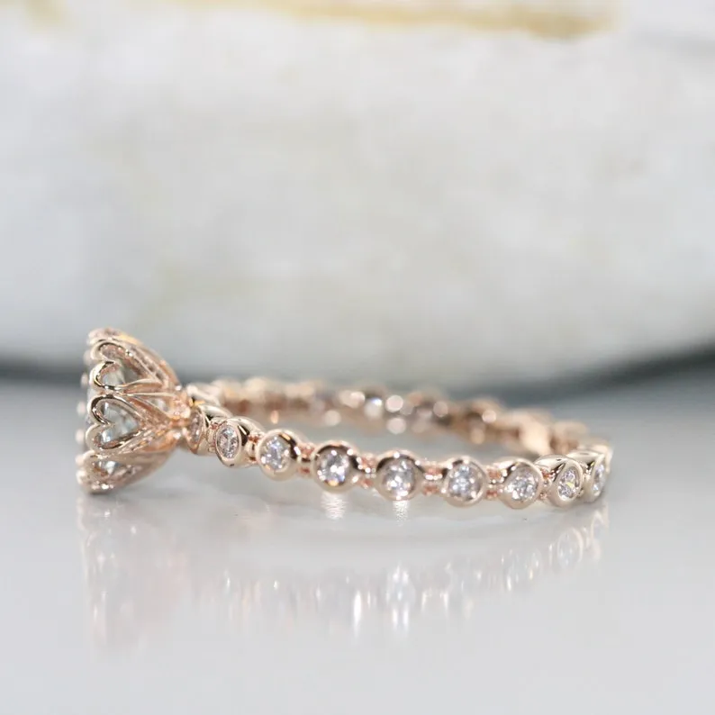 Unique Heart Setting Aquamarine and Dimamond Gold Enagement Ring in 14K Rose Gold