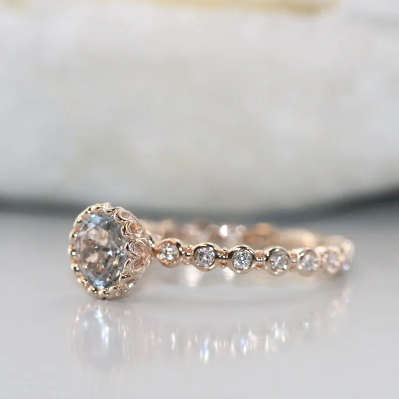 Unique Heart Setting Aquamarine and Dimamond Gold Enagement Ring in 14K Rose Gold