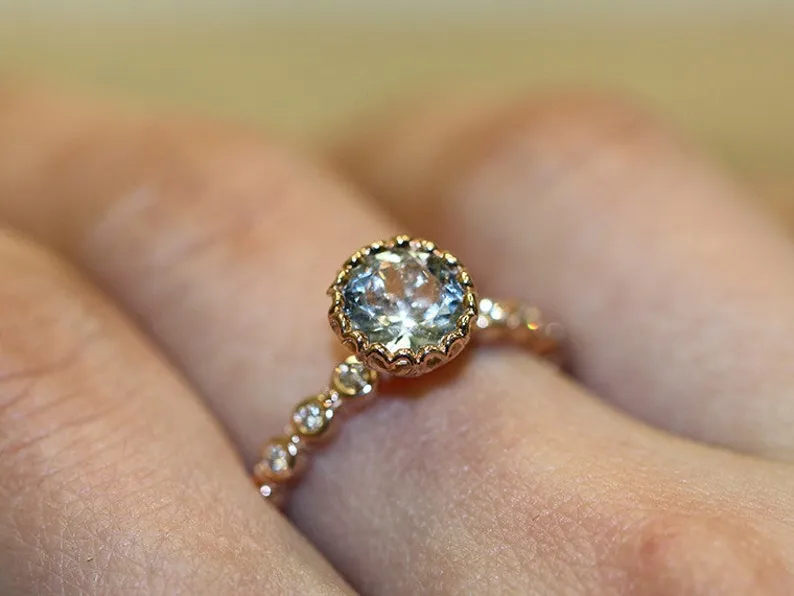 Unique Heart Setting Aquamarine and Dimamond Gold Enagement Ring in 14K Rose Gold