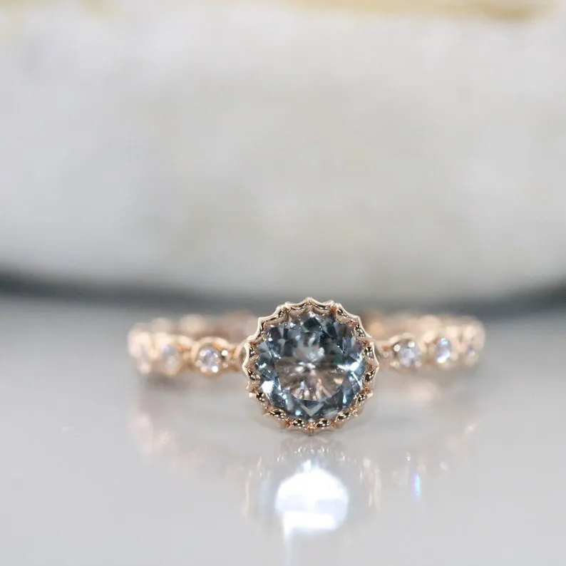 Unique Heart Setting Aquamarine and Dimamond Gold Enagement Ring in 14K Rose Gold