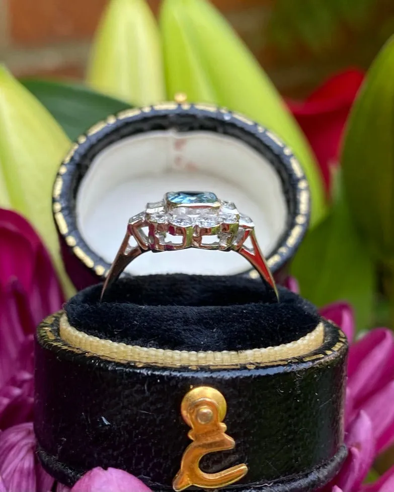 Victorian Aquamarine and Diamond Cluster Platinum Ring 0.55ct   0.70ct