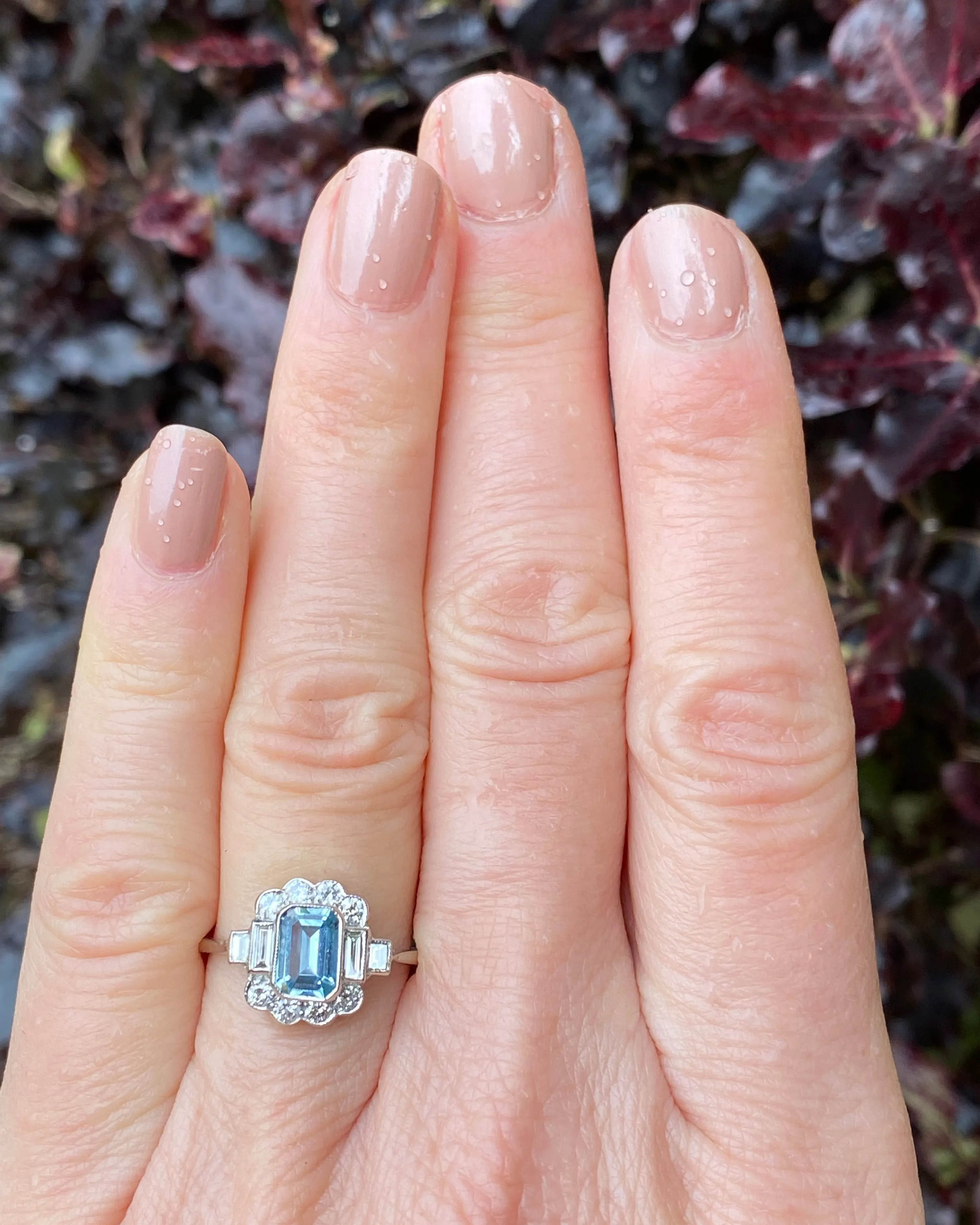 Victorian Aquamarine and Diamond Cluster Platinum Ring 0.55ct   0.70ct