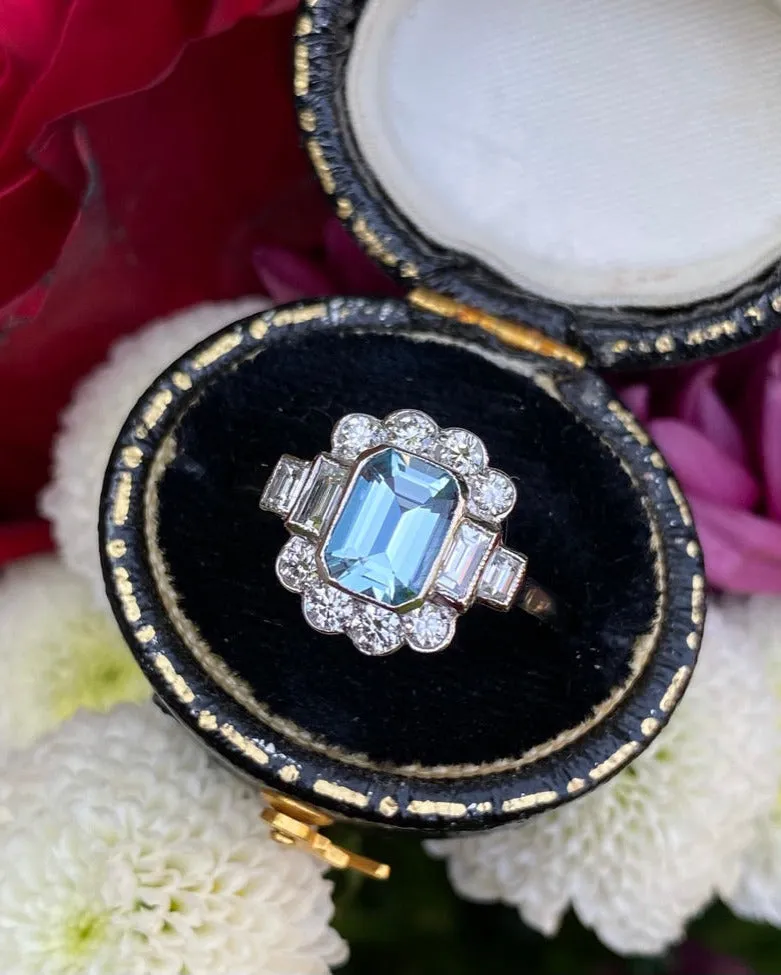 Victorian Aquamarine and Diamond Cluster Platinum Ring 0.55ct   0.70ct