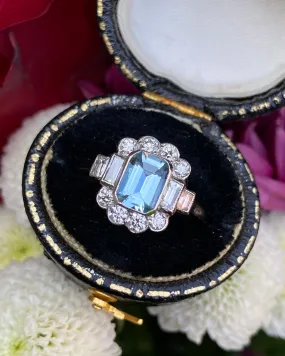 Victorian Aquamarine and Diamond Cluster Platinum Ring 0.55ct   0.70ct