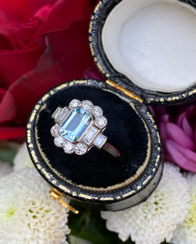 Victorian Aquamarine and Diamond Cluster Platinum Ring 0.55ct   0.70ct
