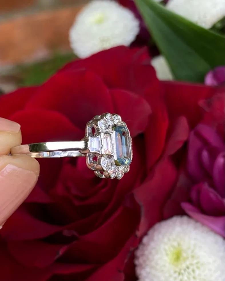 Victorian Aquamarine and Diamond Cluster Platinum Ring 0.55ct   0.70ct