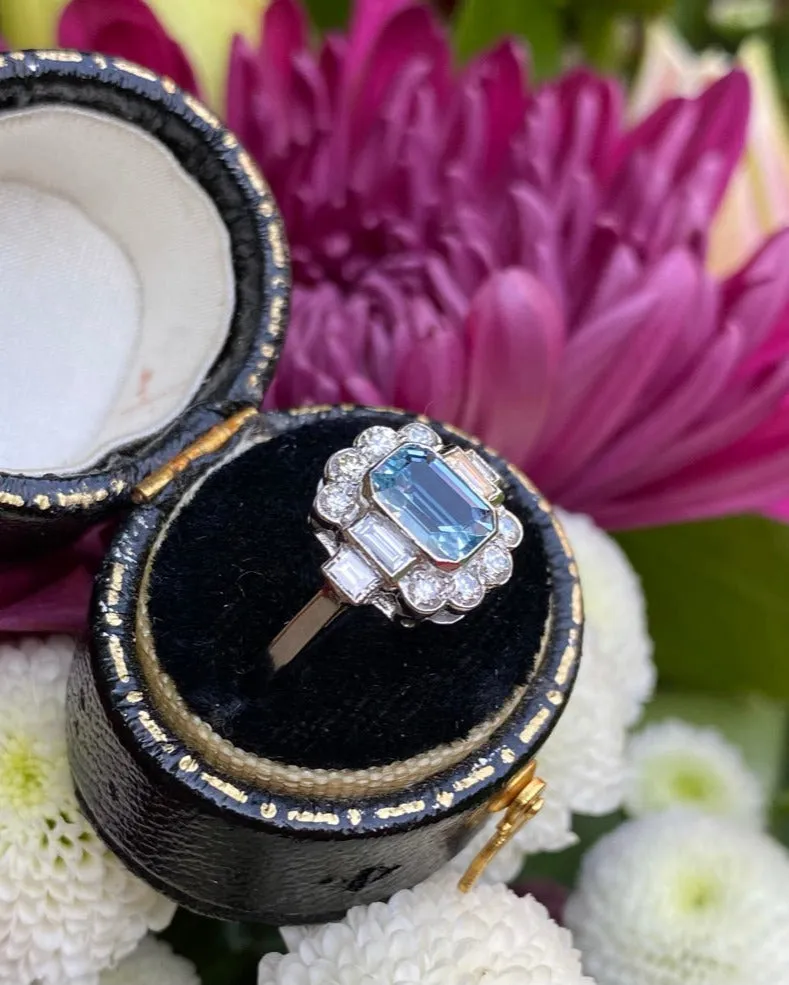 Victorian Aquamarine and Diamond Cluster Platinum Ring 0.55ct   0.70ct