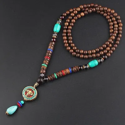 Vintage Nepal Long Buddhist Mala Wood Beaded Pendant & Necklace Ethnic Bohemian Boho Buddha Lucky Jewelry for Women Men