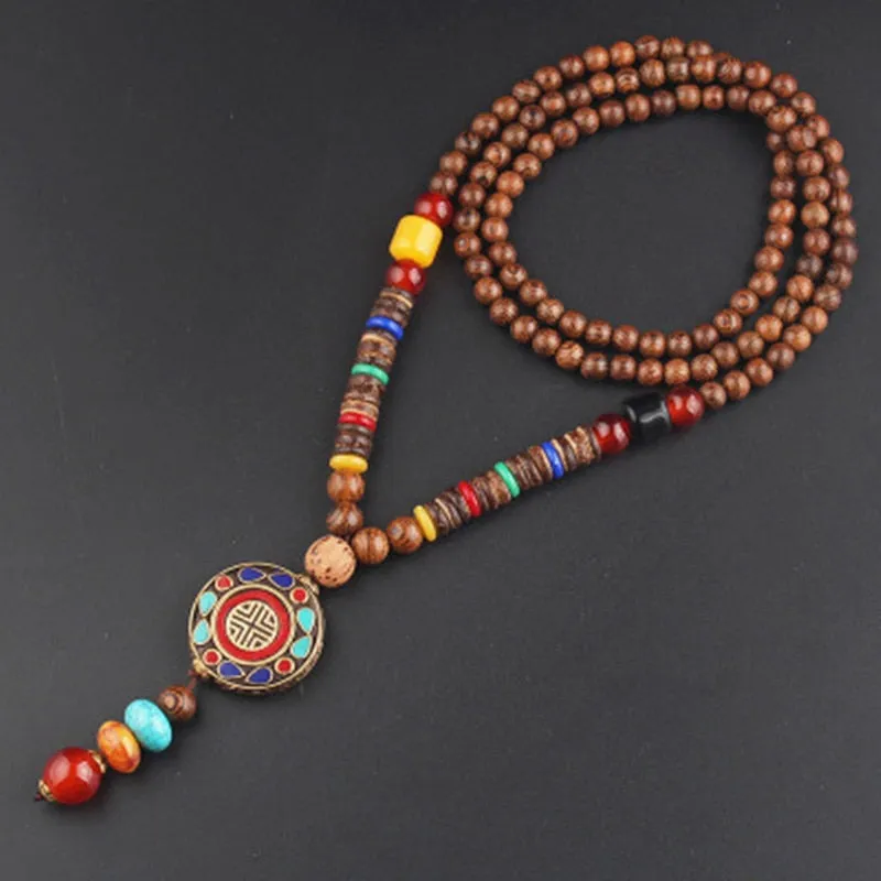 Vintage Nepal Long Buddhist Mala Wood Beaded Pendant & Necklace Ethnic Bohemian Boho Buddha Lucky Jewelry for Women Men