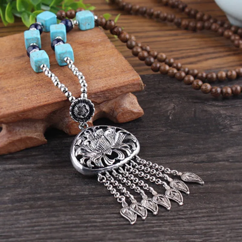 Vintage Nepal Long Buddhist Mala Wood Beaded Pendant & Necklace Ethnic Bohemian Boho Buddha Lucky Jewelry for Women Men