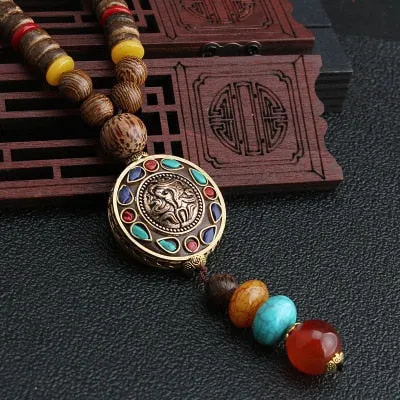 Vintage Nepal Long Buddhist Mala Wood Beaded Pendant & Necklace Ethnic Bohemian Boho Buddha Lucky Jewelry for Women Men