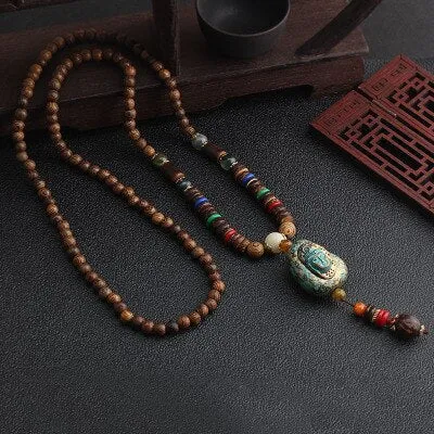 Vintage Nepal Long Buddhist Mala Wood Beaded Pendant & Necklace Ethnic Bohemian Boho Buddha Lucky Jewelry for Women Men