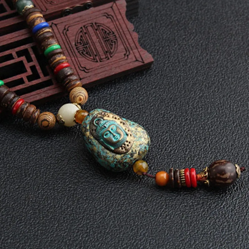 Vintage Nepal Long Buddhist Mala Wood Beaded Pendant & Necklace Ethnic Bohemian Boho Buddha Lucky Jewelry for Women Men