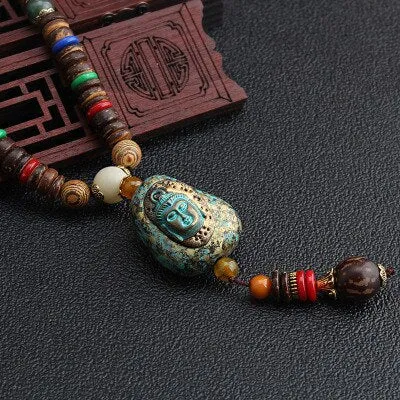Vintage Nepal Long Buddhist Mala Wood Beaded Pendant & Necklace Ethnic Bohemian Boho Buddha Lucky Jewelry for Women Men