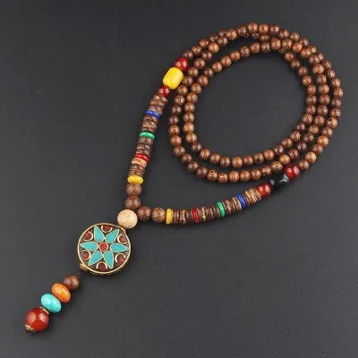Vintage Nepal Long Buddhist Mala Wood Beaded Pendant & Necklace Ethnic Bohemian Boho Buddha Lucky Jewelry for Women Men