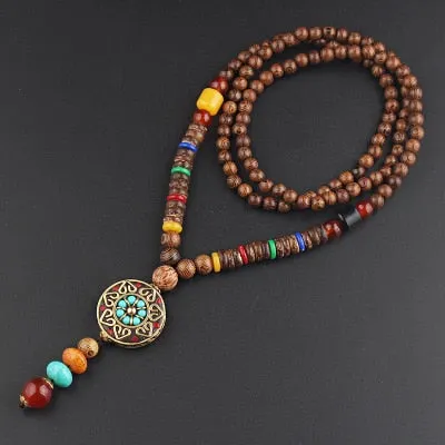 Vintage Nepal Long Buddhist Mala Wood Beaded Pendant & Necklace Ethnic Bohemian Boho Buddha Lucky Jewelry for Women Men