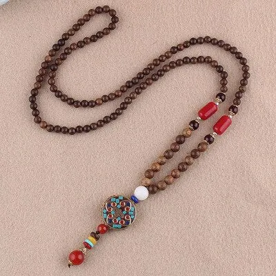 Vintage Nepal Long Buddhist Mala Wood Beaded Pendant & Necklace Ethnic Bohemian Boho Buddha Lucky Jewelry for Women Men