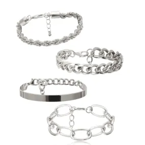 Womens Silver Boho Thick Charm Bracelets 4Pc Set Bangles